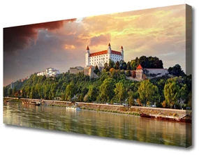 Tablou pe panza canvas City Lake Peisaj Alb Brun Verde