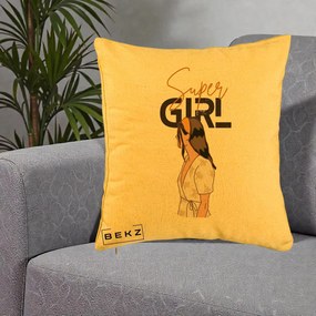 Perna Decorativa Super Girl Aesthetic, 40x40 cm, Galben, Husa Detasabila, Perna Inclusa, BEKZ®
