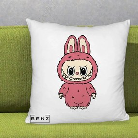 Perna Personalizata Labubu Roz Solo, 40x40 cm, Alb Pufos, Husa Detasabila, Perna Inclusa, BEKZ®