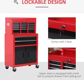 HOMCOM Cutie pentru Unelte pe Roți cu 6 Sertare, 2 în 1, Dulap Spațios cu Încuietoare, Metal, Roșu | Aosom Romania