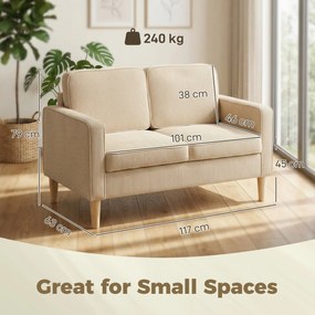 HOMCOM Canapea 2 locuri cu 2 perne decorative, depozitare, picioare din lemn masiv, loveseat mic modern, catifea côtelată, 117 x 63 x 79 cm, bej | Aosom Romania