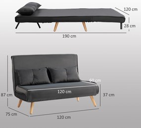 HOMCOM Canapea de dormit de 2 locuri, canapea pat, canapea transformabilă în pat, spătar reglabil, material textil, cadru metalic, Gri | Aosom Romania