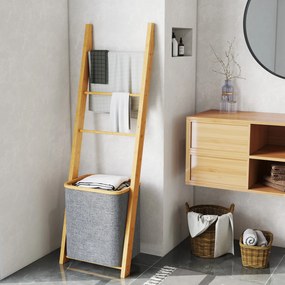 HOMCOM Suport prosoape din bambus cu coș de rufe, scară suport pentru prosoape cu 1 coș de rufe, 43 x 35 x 133 cm, gri | Aosom Romania