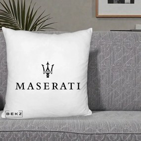 Perna Personalizata cu emblema Maserati, 40x40 cm, Alb Pufos, Husa Detasabila, Perna Inclusa, BEKZ®