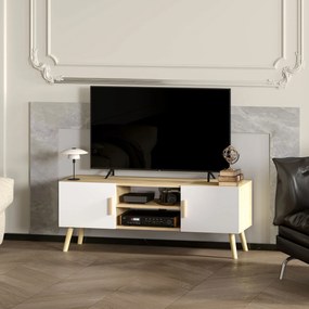 HOMCOM Comodă TV din lemn pentru televizor până la 127 cm cu rafturi, 2 dulapuri și orificii pentru cabluri, stejar | Aosom Romania