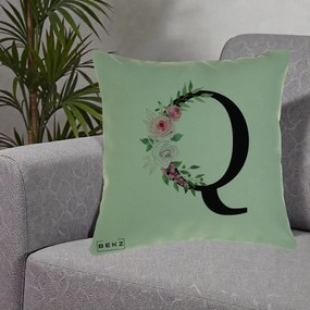 Cadou Personalizat - Perna Personalizata Monograma Florala Litera Q, 40x40 cm, Verde, Husa Detasabila, Perna Inclusa, BEKZ®