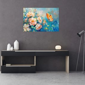 Tablou - Fluture și flori, pictură în ulei II. (90x60 cm)