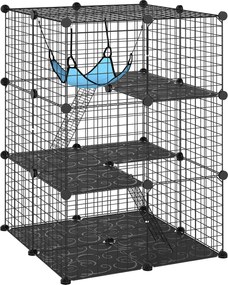PawHut Cușcă pentru Pisici 105 cm de Interior, Recinto din Oțel cu 3 Uși, Design Personalizabil DIY pentru Pisoi, Spațiu pe 3 Niveluri cu Scări, Hamac și Platformă, Negru | Aosom Romania