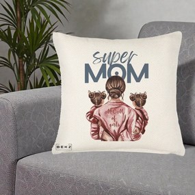 Cadou pentru Mama - Perna Personalizata Super Mom of Girls Mama cu Gemene, 40x40 cm, Crem Reliefat, Husa Detasabila, Perna Inclusa, BEKZ®
