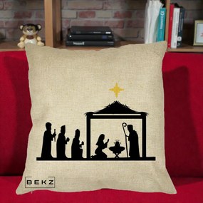 Perna Decorativa Nasterea Pruncului Silueta Neagra si Stea Aurie, 40x40 cm, Crem, Husa Detasabila, Perna Inclusa, BEKZ®