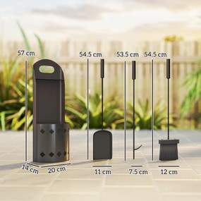 Outsunny Set servitor pentru șemineu 4 piese, accesorii unelte pentru șemineu cu mătură lopată tisonier și suport, din metal negru | Aosom Romania