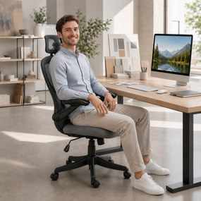 HOMCOM Scaun de Birou Ergonomic cu Tetieră 2D, Cotiere 3D, Înălțime Reglabilă, Mesh Respirabil, Gri Închis | Aosom Romania