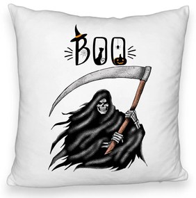 Perna Decorativa Fluffy cu motiv The Grim Reaper, de Halloween, 40x40 cm, Alba, Husa Detasabila, Burduf