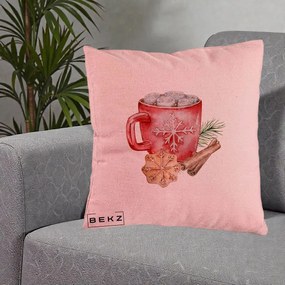 Perna Decorativa Cacao de Iarna cu Biscuit, 40x40 cm, Roz, Husa Detasabila, Perna Inclusa, BEKZ®