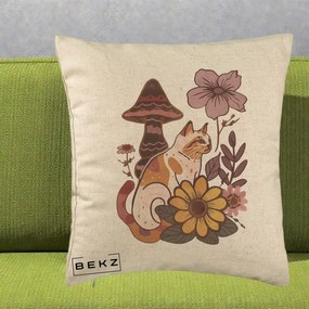 Perna Decorativa Pisica Vintage Florala Boho, 40x40 cm, Bej, Husa Detasabila, Perna Inclusa, BEKZ®