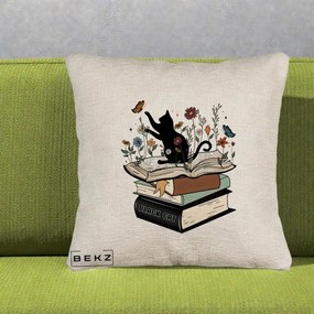Perna Personalizata Pisica Neagra Carti Flori Fluturi, 40x40 cm, Bej Canapea, Husa Detasabila, Perna Inclusa, BEKZ®
