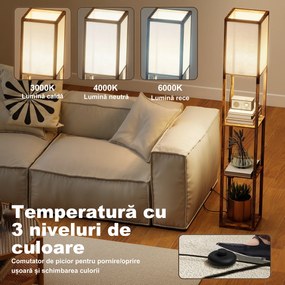 Lampă de Podea HOMCOM LED cu Rafturi, Lampă Modernă cu Comutator cu Pedală și Porturi USB, Temperatură Reglabilă a Luminii pentru Living, Dormitor, Maro | Aosom Romania