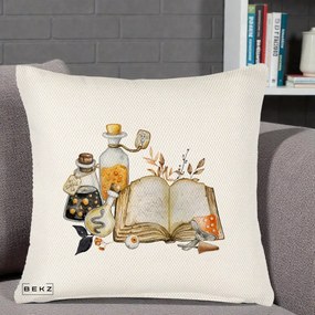 Perna Decorativa Grimoire Vrajitoare si Filtre Magice Halloween, 40x40 cm, Crem Reliefat, Husa Detasabila, Perna Inclusa, BEKZ®