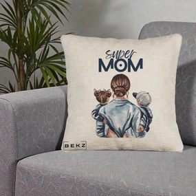 Cadou pentru Mama - Perna Personalizata Super Mom, 40x40 cm, Bej Canapea, Husa Detasabila, Perna Inclusa, BEKZ®