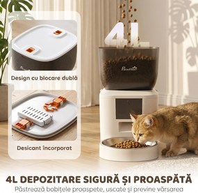 PawHut Distribuitor Automat de Hrană pentru Pisici 4L, WiFi 2.4G, Control App cu Înregistrare 10s, Bol, Alb | Aosom Romania