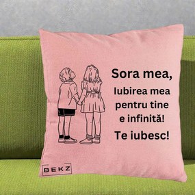 Cadou pentru Sora - Perna Personalizata Sora Mea Te Iubesc Copii Tinand Maini Line Art, 40x40 cm, Roz, Husa Detasabila, Perna Inclusa, BEKZ®
