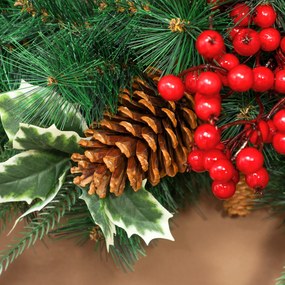 HOMCOM Ghirlandă de Crăciun de 60 cm cu Lumini LED Albe, Coroană de Crăciun cu Temporizator, 170 de Ramuri, Conuri de Pin, Boabe și Vâsc, Decor de Crăciun pentru Ușă și Fereastră, Verde | Aosom Romania