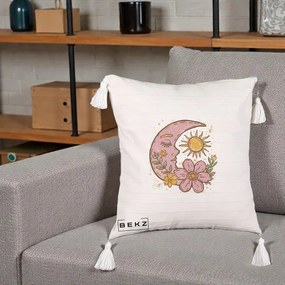 Perna Personalizata Luna si Soare Floral Boho, 40x40 cm, Bej cu Franjuri, Husa Detasabila, Perna Inclusa, BEKZ®