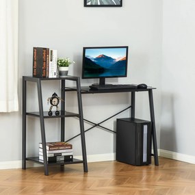 HOMCOM Birou pentru camera si birou cu raft 3 rafturi, birou modern din sticla si metal, 126x45x86.7cm, negru