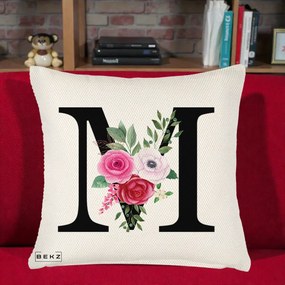 Cadou Personalizat - Perna Personalizata Monograma Florala Litera M cu Trandafiri si Anemona, 40x40 cm, Crem Reliefat, Husa Detasabila, Perna Inclusa, BEKZ®