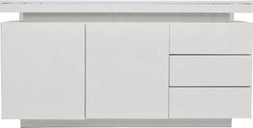 Comodă modernă cu finisaj lucios, fronturi fără mânere, 2 uși și 3 sertare, 140x35x72,5 cm, Alb