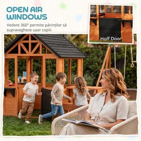 AIYAPLAY Casă de joacă pentru exterior din lemn cu masă bănci stație de spălat fereastră ușă suport ghiveci pentru 3-8 ani maro deschis | Aosom Romania
