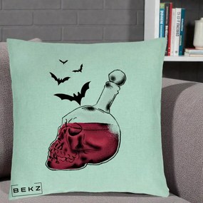 Perna Decorativa Halloween Craniu-Sticla cu Lilieci, 40x40 cm, Verde Menta, Husa Detasabila, Perna Inclusa, BEKZ®