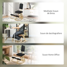 HOMCOM Scaun Ergonomic pentru Genunchi din Țesătură cu Aspect de In și Lemn de Mesteacăn, Negru | Aosom Romania