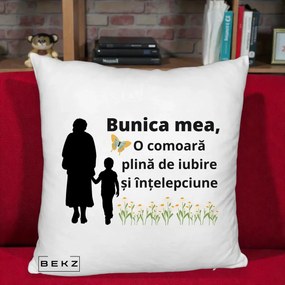 Cadou pentru Bunica - Perna Personalizata Bunica Mea Comoara cu Fluture si Baietel, 40x40 cm, Alb Pufos, Husa Detasabila, Perna Inclusa, BEKZ®