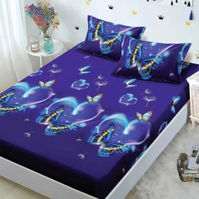 Husă de pat din FINET cu elastic si 2 fete de pernă, Blue Butterflies 160×200