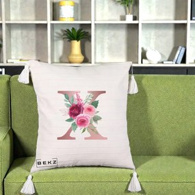 Cadou Personalizat - Perna Personalizata Monograma Rose Gold Litera X, 40x40 cm, Bej cu Franjuri, Husa Detasabila, Perna Inclusa, BEKZ®