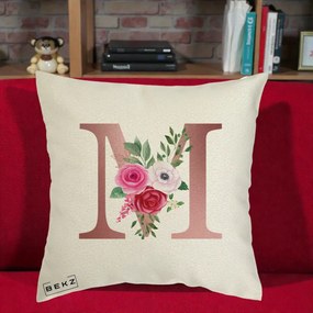 Cadou Personalizat - Perna Personalizata Monograma Rose Gold Litera M cu Trandafiri, 40x40 cm, Ecru, Husa Detasabila, Perna Inclusa, BEKZ®