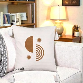Perna Decorativa Boho Sun si Spirala, 40x40 cm, Bej cu Franjuri, Husa Detasabila, Perna Inclusa, BEKZ®