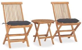 Set mobilier exterior pliabil cu perne, 3 piese, lemn masiv tec Antracit, 3