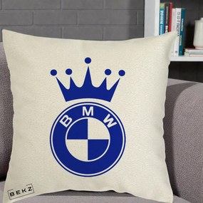 Perna Personalizata cu emblema BMW si Coroana, 40x40 cm, Ecru, Husa Detasabila, Perna Inclusa, BEKZ®