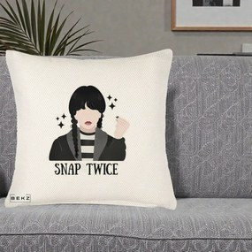 Perna Personalizata Wednesday Snap Twice, 40x40 cm, Crem Reliefat, Husa Detasabila, Perna Inclusa, BEKZ®
