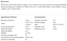 Plafoniera LED moderna cu telecomanda SONNY 24W