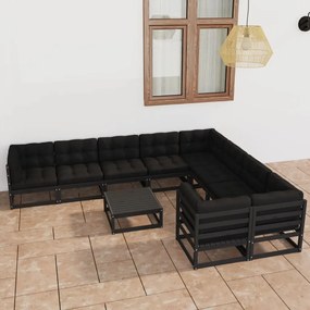 Set mobilier de grădină cu perne10 piese, negru, lemn masiv pin