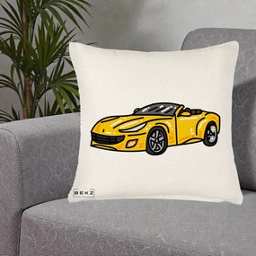 Perna Personalizata Masina Cabriolet Galbena Grafic, 40x40 cm, Crem Reliefat, Husa Detasabila, Perna Inclusa, BEKZ®