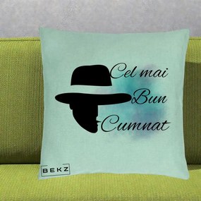 Cadou pentru Cumnat - Perna Personalizata Cel mai Bun Cumnat cu Silueta Palarie si Pete Teal-Roz, 40x40 cm, Verde Menta, Husa Detasabila, Perna Inclusa, BEKZ®