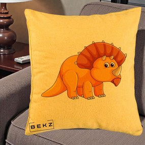 Perna Decorativa Triceratops Portocaliu, 40x40 cm, Galben, Husa Detasabila, Perna Inclusa, BEKZ®