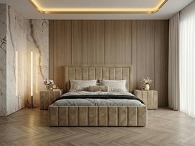 Pat tapitat Atena 140x200 cm, Bej + Saltea Superortopedica Gold, grosime 20 cm + Set 2 noptiere Hugo, Bej