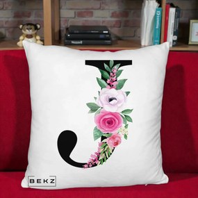 Cadou Personalizat - Perna Personalizata Monograma Florala Litera J, 40x40 cm, Alb Pufos, Husa Detasabila, Perna Inclusa, BEKZ®