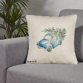 Perna Decorativa Masinuta Albastra cu Brad de Craciun, 40x40 cm, Bej Canapea, Husa Detasabila, Perna Inclusa, BEKZ®