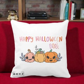 Perna Decorativa Happy Halloween Boo Trei Dovlecei Kawaii, 40x40 cm, Alba Mata, Husa Detasabila, Perna Inclusa, BEKZ®